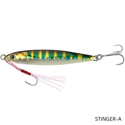 Metal fishing jig lure in green and yellow with blue stripes and white skirt, double hooks