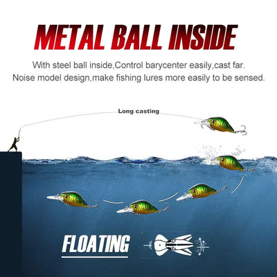 Floating crankbait lure with green back and yellow belly, clear lip, treble hooks