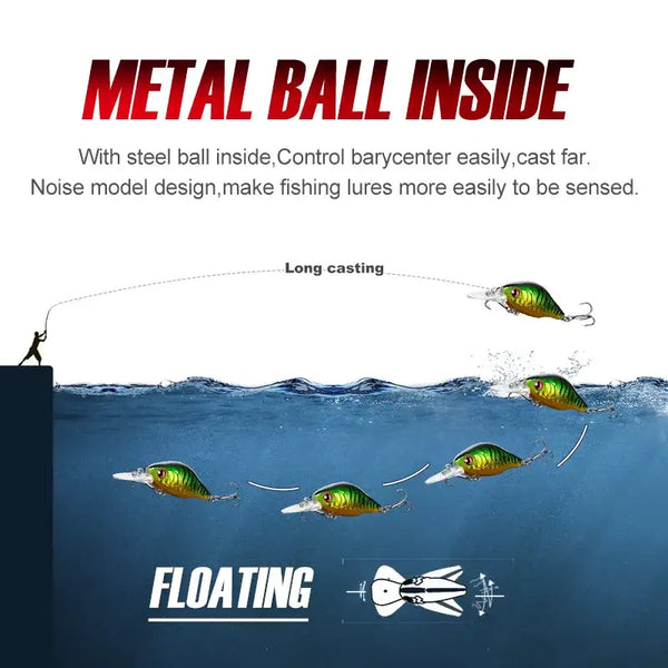 Floating crankbait lure with green back and yellow belly, clear lip, treble hooks