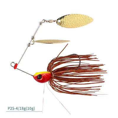 Spinner bait lure with gold blades, red head, and brown curly skirt