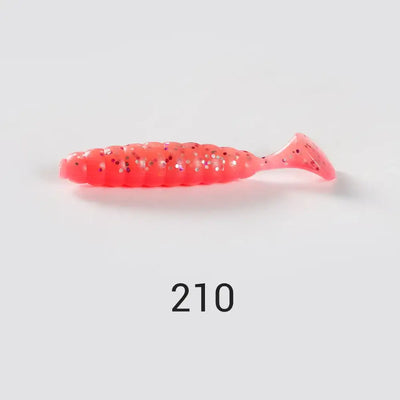 Ribbed silicone swimbait lure with T-tail in orange-red color, marked 210