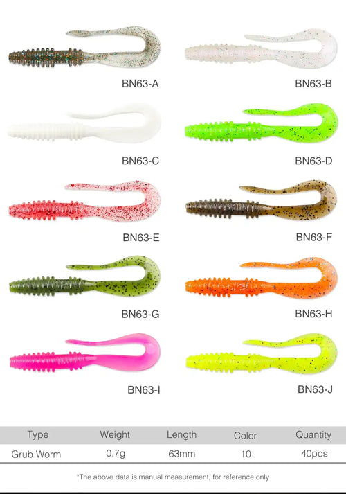 40pc set of 63mm soft plastic worm lures in multiple colors, top view.