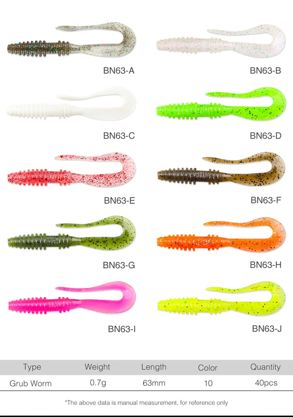 40pc set of 63mm soft plastic worm lures in multiple colors, top view.