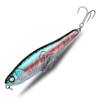 Topwater pencil fishing lure with silver and red-blue stripe finish, treble hooks and split ring