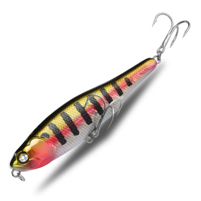 Surface fishing pencil lure with two treble hooks, silver body with red and yellow back stripes
