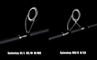 Spinning fishing rod section with ceramic guide rings and black rod blank