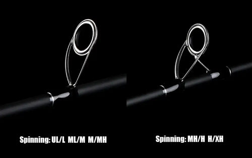 Spinning fishing rod section with ceramic guide rings and black rod blank