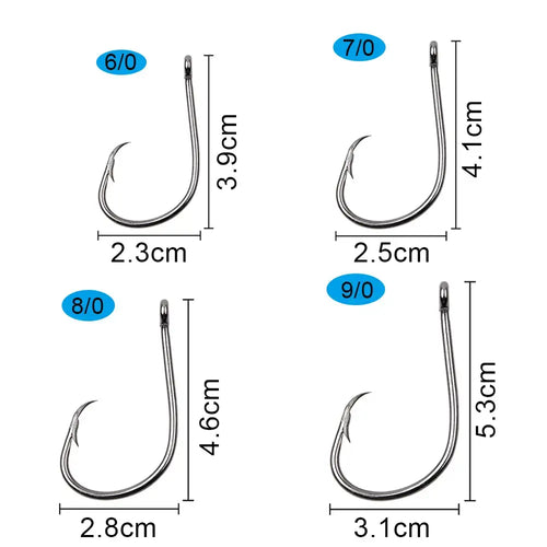 Assorted circle fishing hooks size chart, barbed, closed eye, 6/0 to 9/0