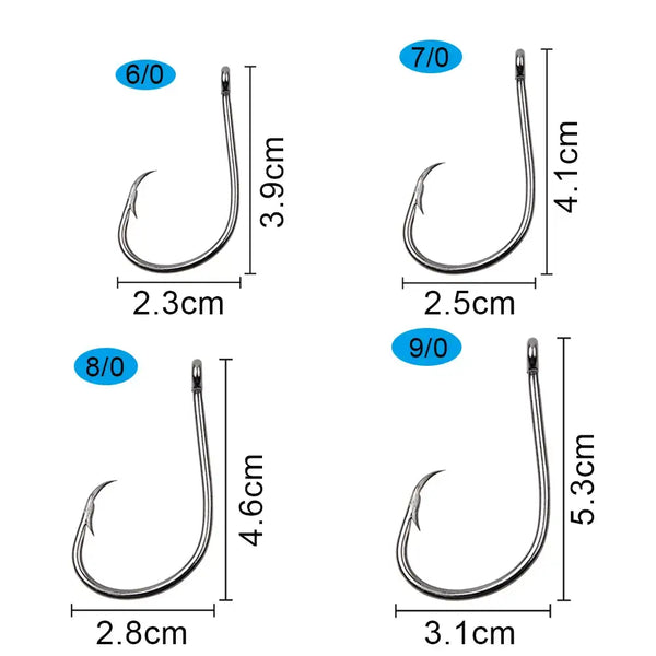 Assorted circle fishing hooks size chart, barbed, closed eye, 6/0 to 9/0
