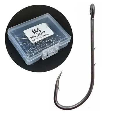 Size #4 long-shank baitholder fishing hook, dark metal, in clear plastic organizer