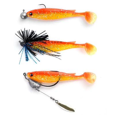 Noeby paddle tail swimbait set: orange shad with spinner skirt and black bristles