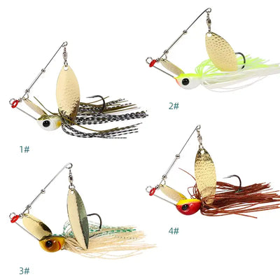 Spinner bait fishing lure with gold blades, white-and-black skirt, yellow round head