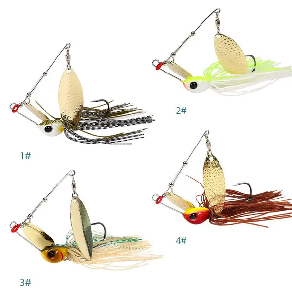 Spinner bait fishing lure with gold blades, white-and-black skirt, yellow round head