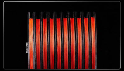 Braided PE fishing line spool display with orange-red line wound in tight rows