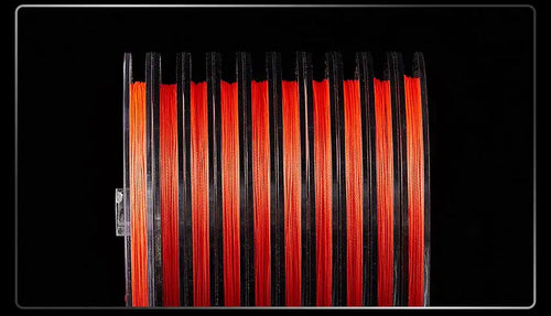 Braided PE fishing line spool display with orange-red line wound in tight rows