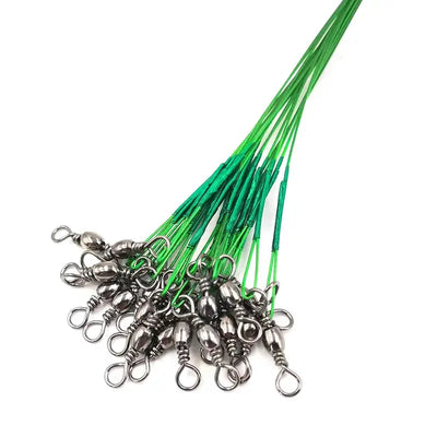 Green steel fishing leader wires with metal swivels, anti-bite style