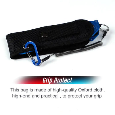 Blue fish lip grip with black protective pouch and carabiner, Noeby