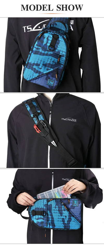 Blue camo tackle bag worn on chest with front tool pouch and zippered main compartment