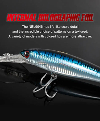 Blue holographic trolling minnow wobbler with red eye and treble hook