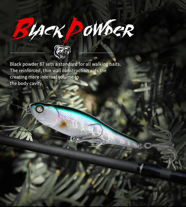 Topwater pencil lure with iridescent silver-blue body, green stripe, and treble hooks