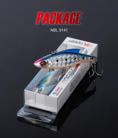 Hard crankbait lure in retail box package, blue-silver body and treble hooks