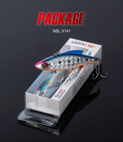 Hard crankbait lure in retail box package, blue-silver body and treble hooks