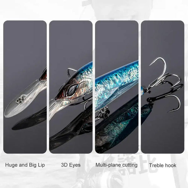 Blue and black trolling minnow lure with 3D eyes and treble hook