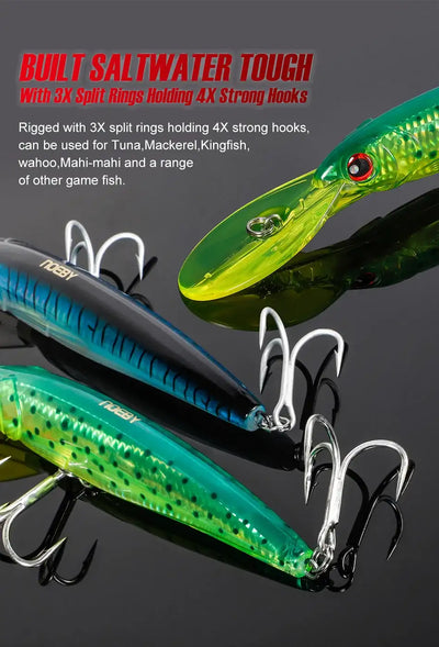 Green and blue trolling minnow wobblers with 4x-strong treble hooks on split rings