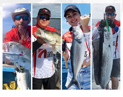 Anglers holding large fish with visible fishing gear and lures
