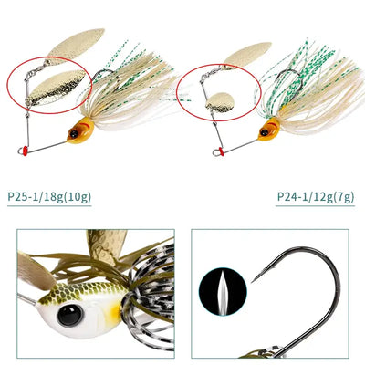 Spinner bait lure shown from two angles with gold blades and white skirt