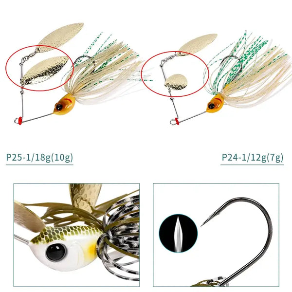 Spinner bait lure shown from two angles with gold blades and white skirt