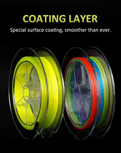 Braided PE fishing line spools with neon yellow and multicolor strands on coils