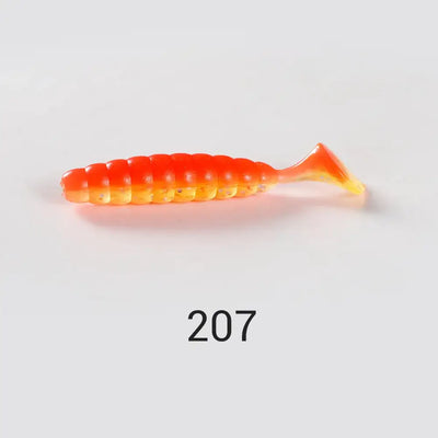 Artificial silicone ribbed grub swimbait, orange with yellow belly and pointed tail fin