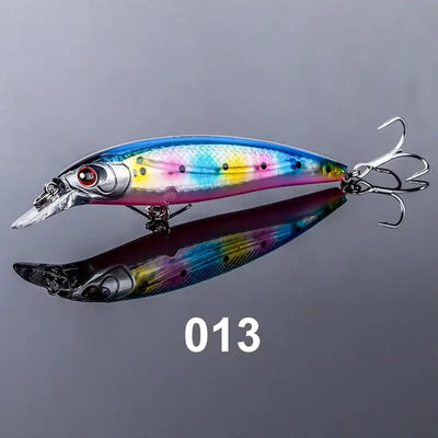 Rainbow glitter floating minnow jerkbait with purple highlights, red eye, treble hooks