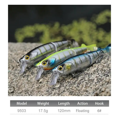 Two floating jointed minnow lures with striped green and silver bodies, treble hooks