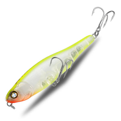 Topwater pencil fishing lure with yellow-green body, clear belly, treble hooks