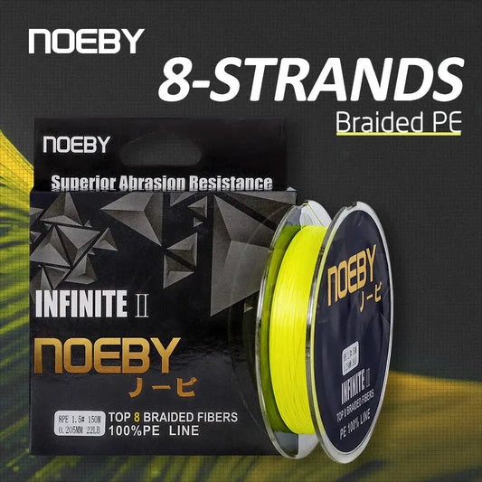 8-strand braided PE fishing line spool, bright yellow on reel