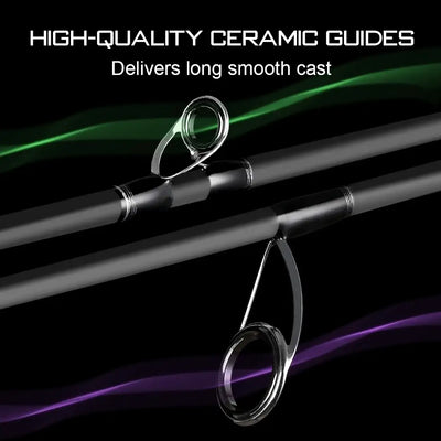 Black spinning fishing rod with ceramic guide rings for smooth long casting