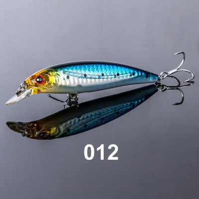 Turquoise floating minnow jerkbait with yellow head, red eye, treble hooks