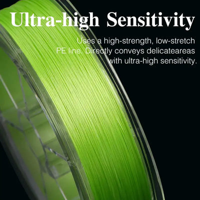 Close-up of green braided fishing line strand wound on a spool