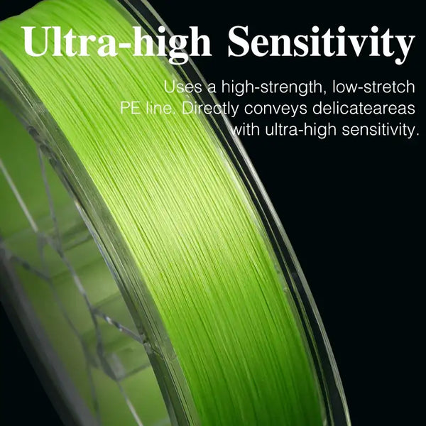 Close-up of green braided fishing line strand wound on a spool