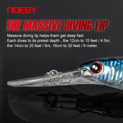 Diving minnow lure with clear front diving lip and blue/black body with red eye