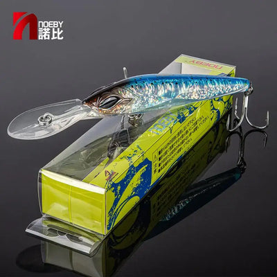 Blue and silver trolling minnow lure with holographic scale finish and treble hooks