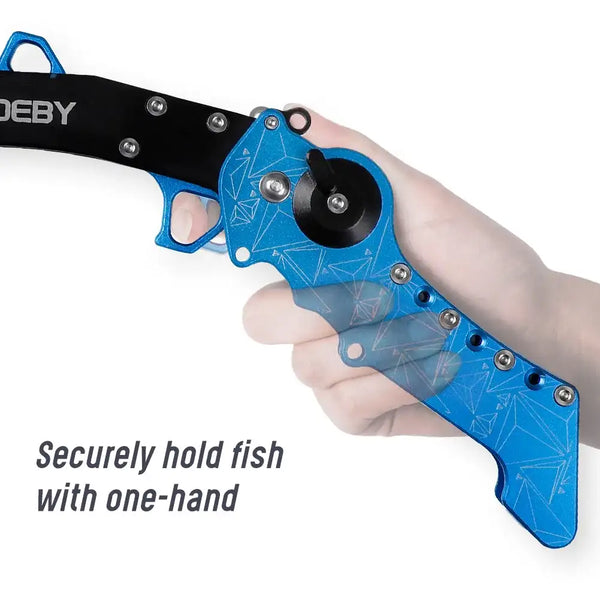 Blue and black fish lip grip held in hand, one-hand operation, Noeby