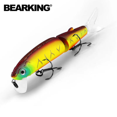 Jointed swimbait lure, red-orange and yellow hard body with two treble hooks