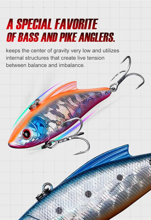 Orange and blue hard crankbait lures with lip and paired treble hooks