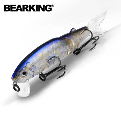 Jointed hard-body minnow lure, silver body with blue back and blue head, 2 treble hooks