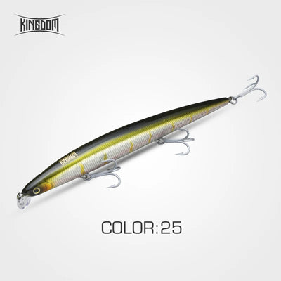 Kingdom Isca long-cast swimbait lure, white-and-yellow body, two treble hooks