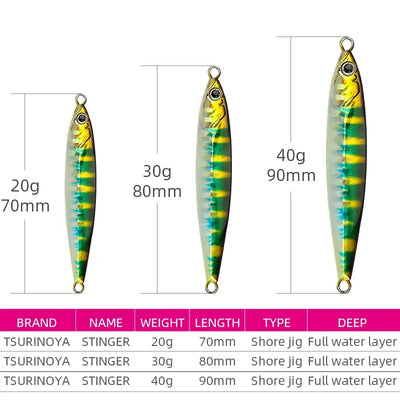 Set of 3 metal shore jigs: 20g 70mm, 30g 80mm, 40g 90mm, chartreuse-striped bodies