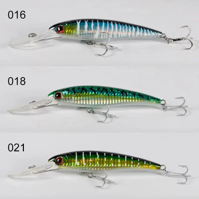 Saltwater trolling minnow wobbler set of three: blue-green, teal-green, and dark green